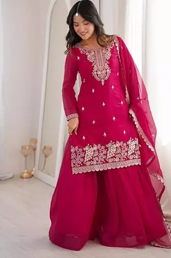 Pink color crunchy silk thread zari sequince embroidered work anarkali set full stitched.