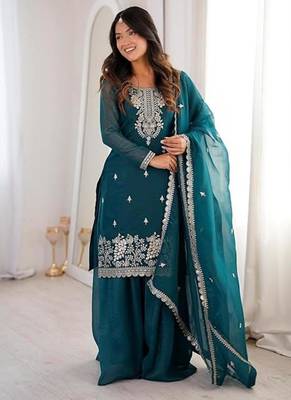 Tealblue crunchy silk thread zari sequince embroidered work anarkali set full stitched 4