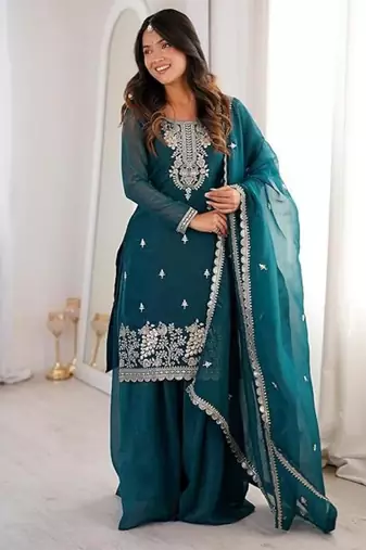 Tealblue color crunchy silk thread zari sequince embroidered work anarkali set full stitched.