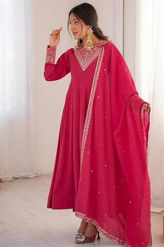 Pink color silk blend zari dori sequeince embroidered work anarkali set full stitch