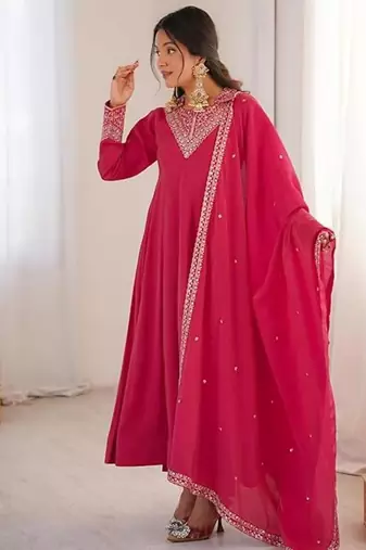 Pink color silk blend zari dori sequeince embroidered work anarkali set full stitch