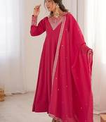 Pink color silk blend zari dori sequeince embroidered work anarkali set full stitch