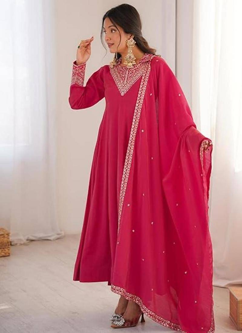 Pink color silk blend zari dori sequeince embroidered work anarkali set full stitch