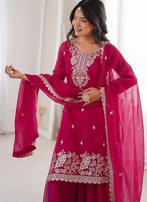 Pink color crunchy silk thread zari sequince embroidered work anarkali set full stitched 3