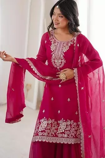 Pink color crunchy silk thread zari sequince embroidered work anarkali set full stitched.