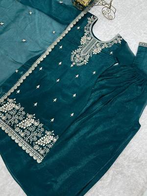 Tealblue crunchy silk thread zari sequince embroidered work anarkali set full stitched 5
