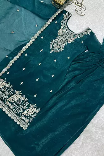 Tealblue color crunchy silk thread zari sequince embroidered work anarkali set full stitched.