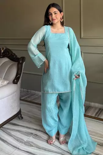 Sky blue color crunchy silk siroski & lace border work top salwar dupatta full stitched