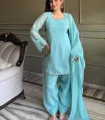 Sky blue crunchy silk siroski & lace border work top salwar dupatta full stitched