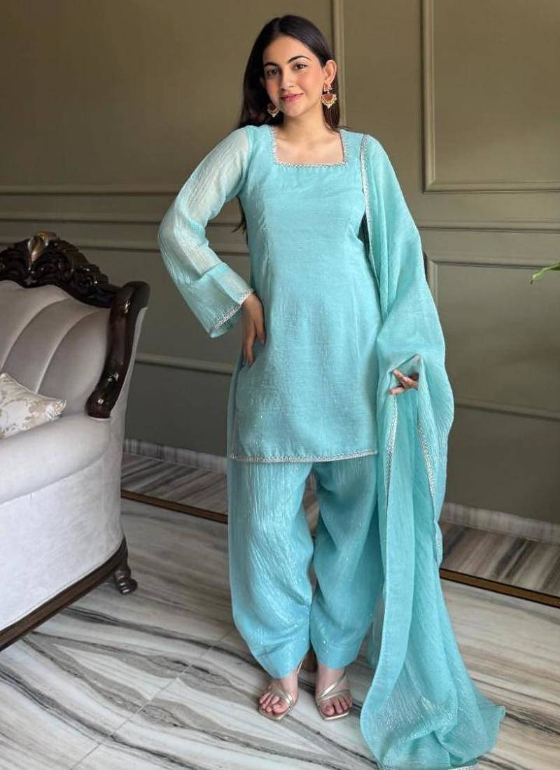 Sky blue color crunchy silk siroski & lace border work top salwar dupatta full stitched