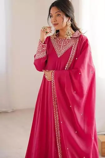 Pink color silk blend zari dori sequeince embroidered work anarkali set full stitch