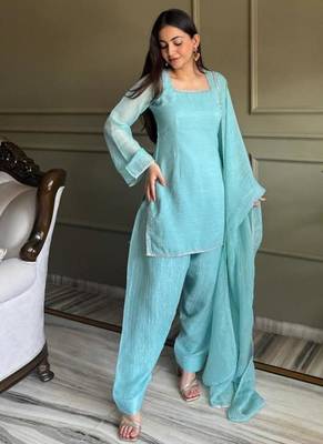 Sky blue crunchy silk siroski & lace border work top salwar dupatta full stitched 2