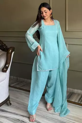 Sky blue color crunchy silk siroski & lace border work top salwar dupatta full stitched