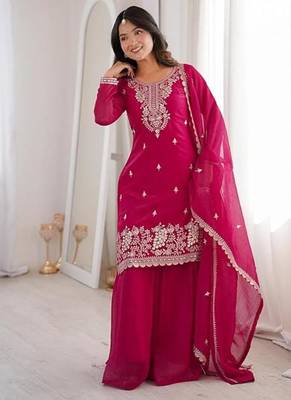 Pink color crunchy silk thread zari sequince embroidered work anarkali set full stitched 5