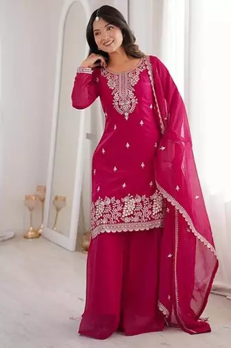 Pink color crunchy silk thread zari sequince embroidered work anarkali set full stitched.