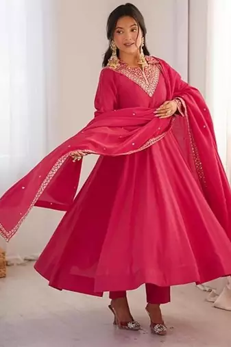 Pink color silk blend zari dori sequeince embroidered work anarkali set full stitch