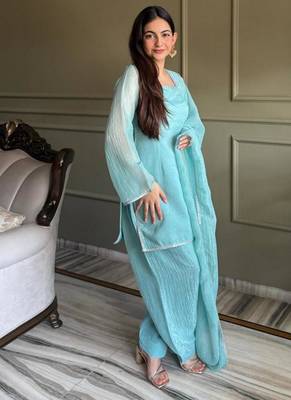 Sky blue crunchy silk siroski & lace border work top salwar dupatta full stitched 3