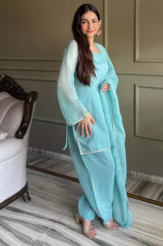 Sky blue color crunchy silk siroski & lace border work top salwar dupatta full stitched