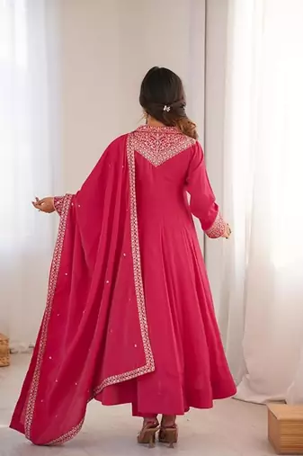 Pink color silk blend zari dori sequeince embroidered work anarkali set full stitch
