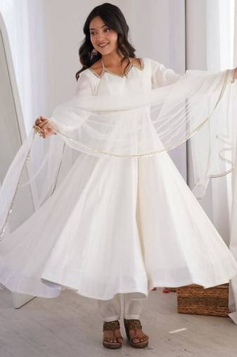 White color roman silk chanderi solid -mirror lace work anarkali set full stitched.