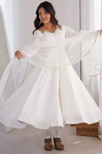 White color roman silk chanderi solid -mirror lace work anarkali set full stitched.