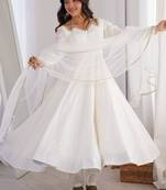 White color roman silk chanderi solid -mirror lace work anarkali set full stitched.