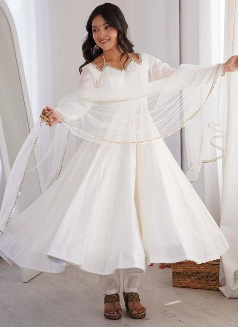 White color roman silk chanderi solid -mirror lace work anarkali set full stitched.