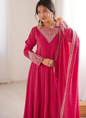 Pink silk blend zari dori sequeince embroidered work anarkali set full stitch 5