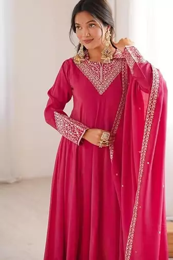 Pink color silk blend zari dori sequeince embroidered work anarkali set full stitch