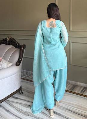 Sky blue crunchy silk siroski & lace border work top salwar dupatta full stitched 4