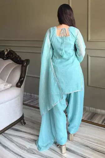 Sky blue color crunchy silk siroski & lace border work top salwar dupatta full stitched