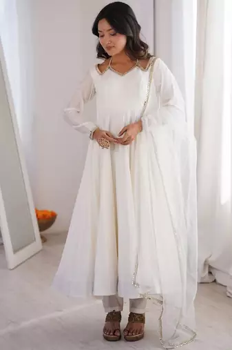 White color roman silk chanderi solid -mirror lace work anarkali set full stitched.