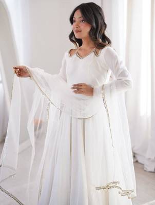 White roman silk chanderi solid -mirror lace work anarkali set full stitched 3