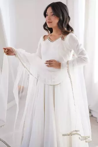 White color roman silk chanderi solid -mirror lace work anarkali set full stitched.