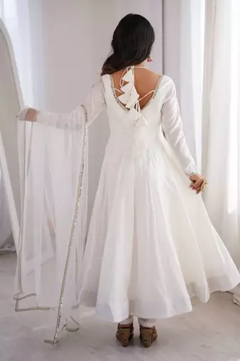 White color roman silk chanderi solid -mirror lace work anarkali set full stitched.