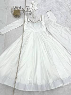 White roman silk chanderi solid -mirror lace work anarkali set full stitched 5