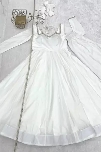 White color roman silk chanderi solid -mirror lace work anarkali set full stitched.
