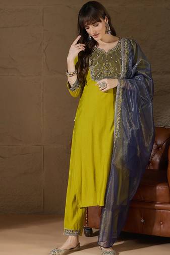 Floral embroidered silk round neck kurta trosuer & dupatta set