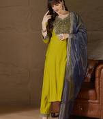 Floral embroidered silk round neck kurta trosuer & dupatta set