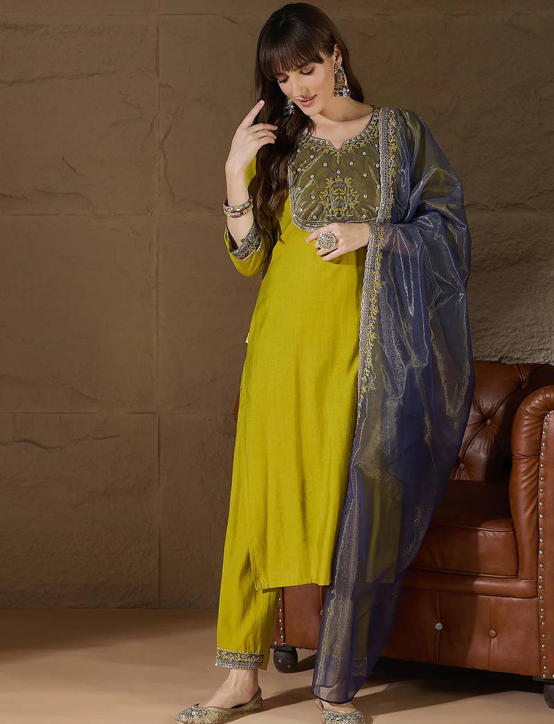 Floral embroidered silk round neck kurta trosuer & dupatta set