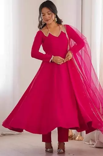 Pink color roman silk chanderi solid -mirror lace work anarkali set full stitched.
