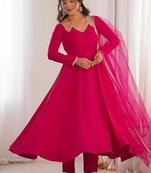 Pink color roman silk chanderi solid -mirror lace work anarkali set full stitched.