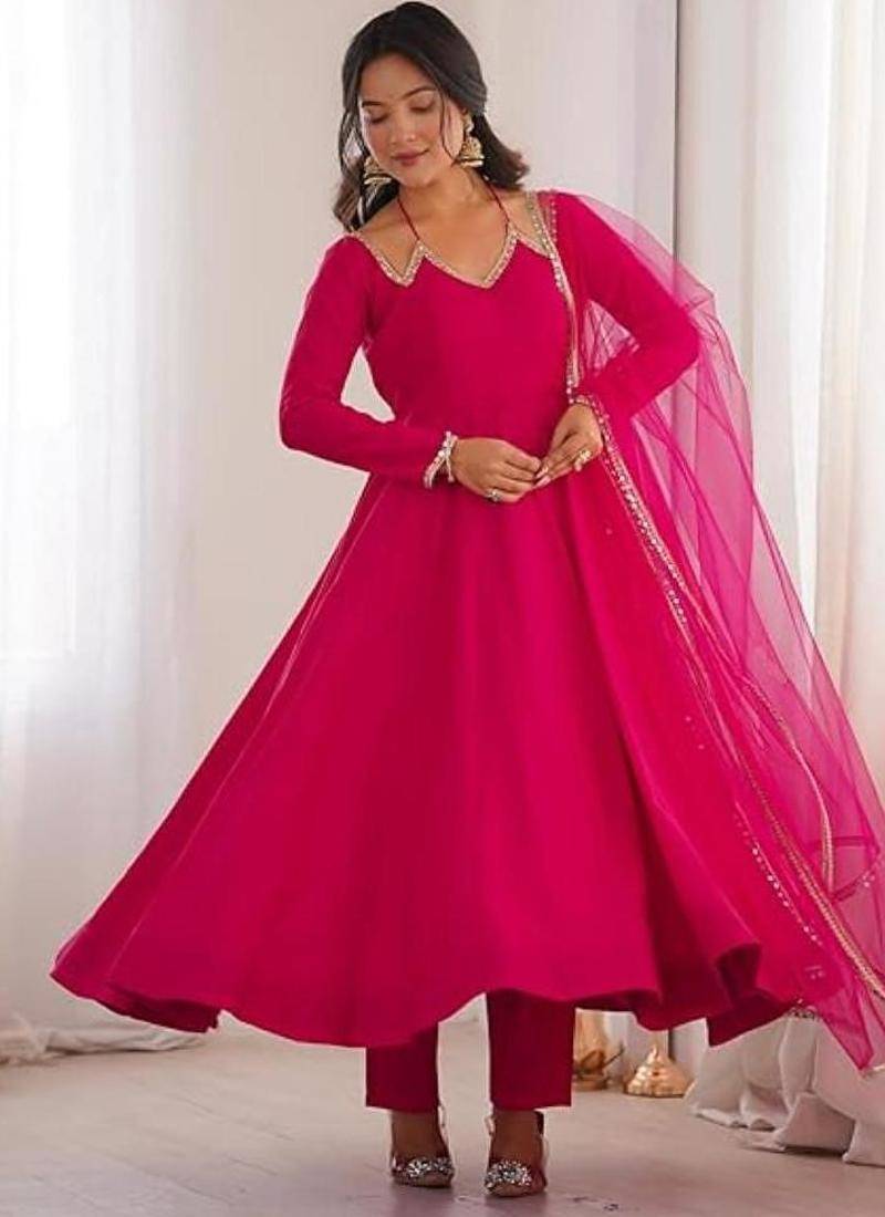 Pink color roman silk chanderi solid -mirror lace work anarkali set full stitched.