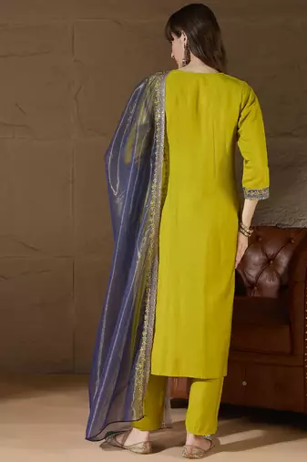 Floral embroidered silk round neck kurta trosuer & dupatta set