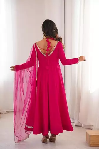 Pink color roman silk chanderi solid -mirror lace work anarkali set full stitched.