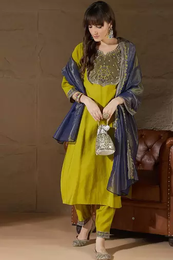 Floral embroidered silk round neck kurta trosuer & dupatta set