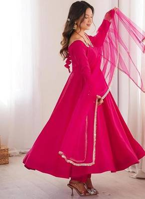 Pink color roman silk chanderi solid -mirror lace work anarkali set full stitched 3