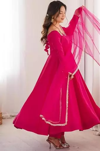Pink color roman silk chanderi solid -mirror lace work anarkali set full stitched.
