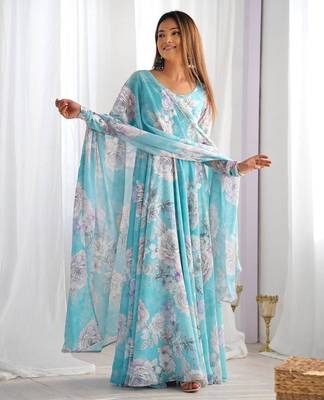 Sky blue faux georgette flower print gown dupatta full stitched 1