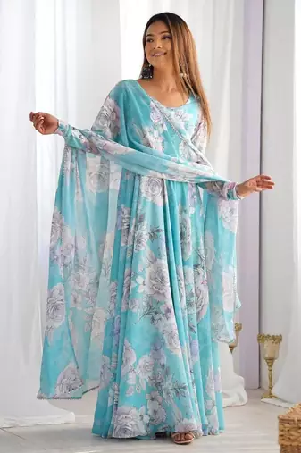 Sky blue color faux georgette flower print gown dupatta full stitched